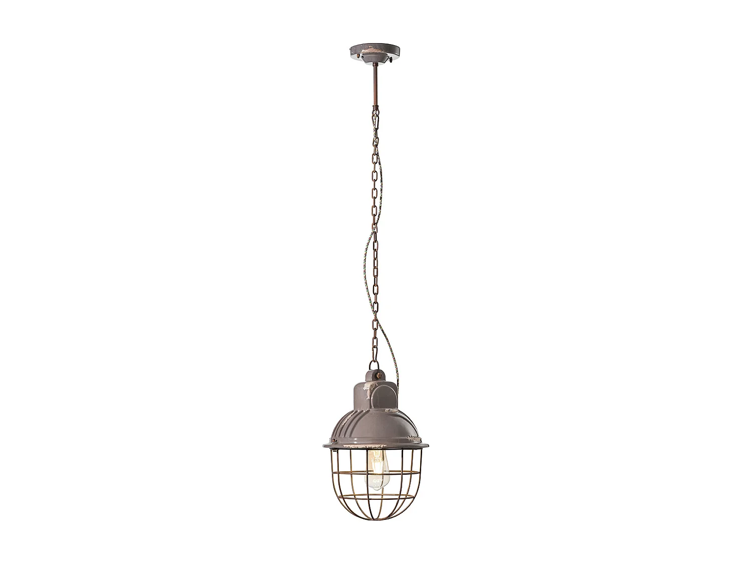 Lampadario Industrial Ferro E Ceramica Con Rete Vintage Tortora 1 Luce E27 26Cm