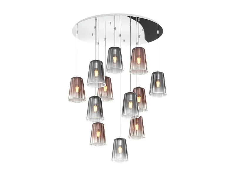 Sospensione Contemp. Rosone Tondo Shaded Metallo Cromo Vetro Rame Cromo 12 Luci