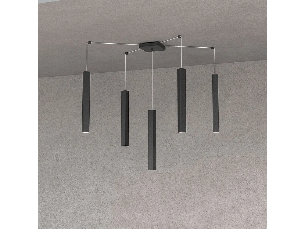 Square Tube Sospensione 5 Luci Nero Cavo Cm.250 Con Base