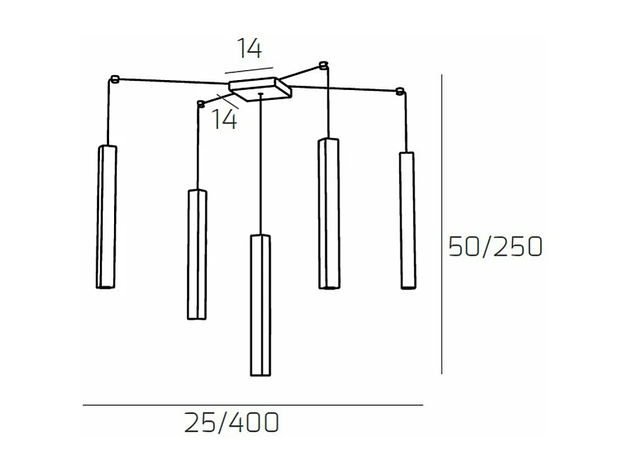 Square Tube Sospensione 5 Luci Nero Cavo Cm.250 Con Base