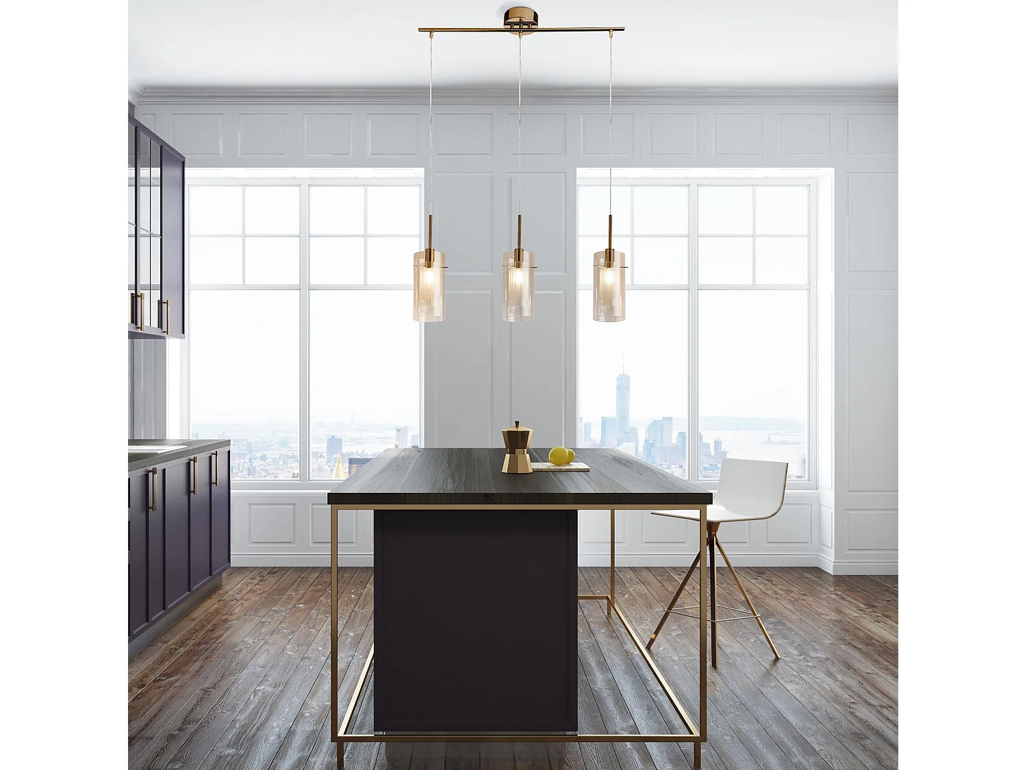 Lampadario Contemporaneo Duetto 3 Acciaio Ottone Vetro 3 Luci E14