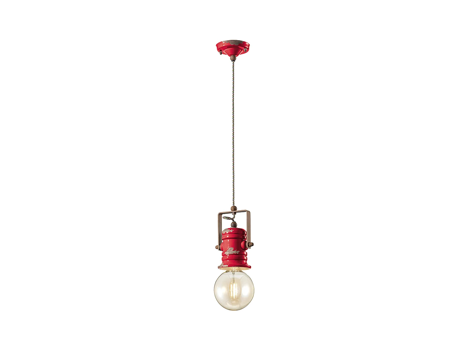 Lampadario Industrial Urban Ferro E Ceramica Vintage Rosso 1 Luce E27 19Cm