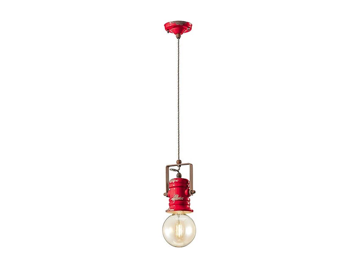 Lampadario Industrial Urban Ferro E Ceramica Vintage Rosso 1 Luce E27 19Cm