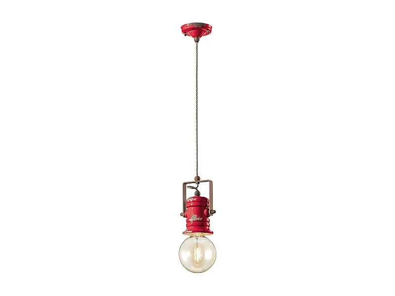 Lampadario Industrial Urban Ferro E Ceramica Vintage Rosso 1 Luce E27 19Cm