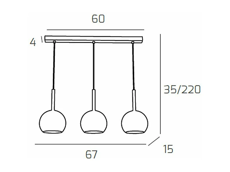 Sosp. Cromo Rettangolare 3 Luci Vetri Tutti Piccolo Rame