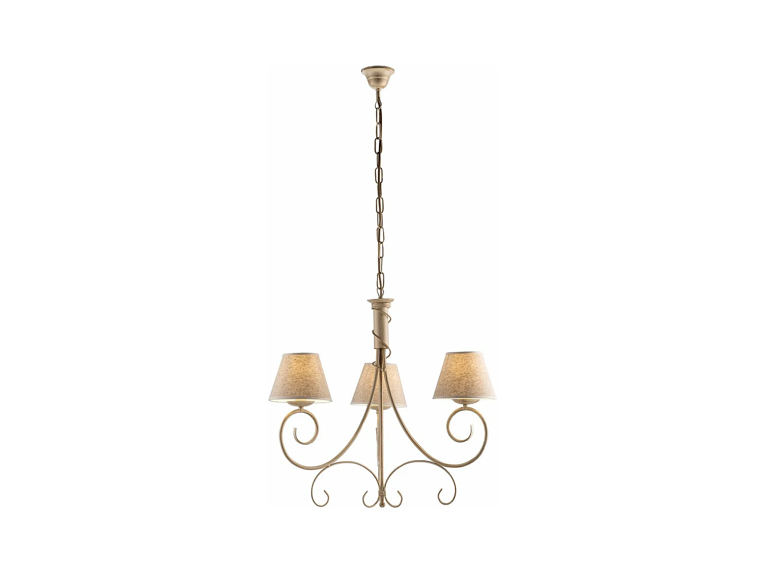 Lustre Vienna fer ivoire, décor or antique, abat-jour jute d.13, 3 lumières d.52 cm, déco douce et lumineuse