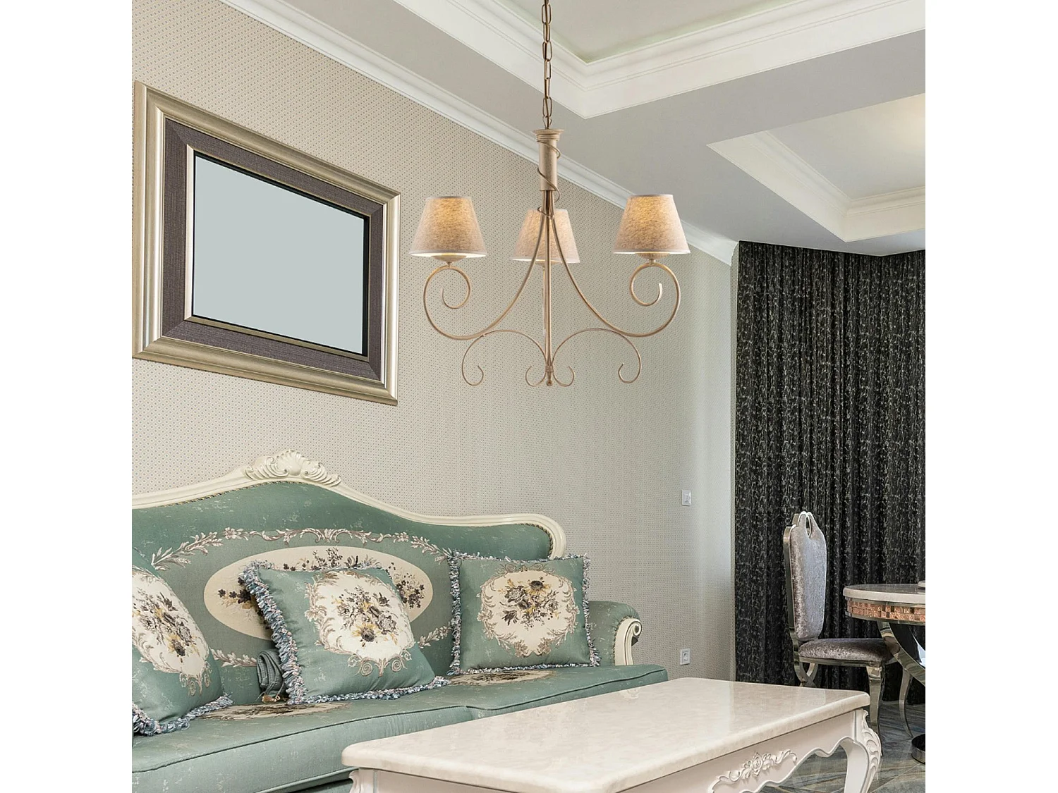 Lustre Vienna fer ivoire, décor or antique, abat-jour jute d.13, 3 lumières d.52 cm, déco douce et lumineuse