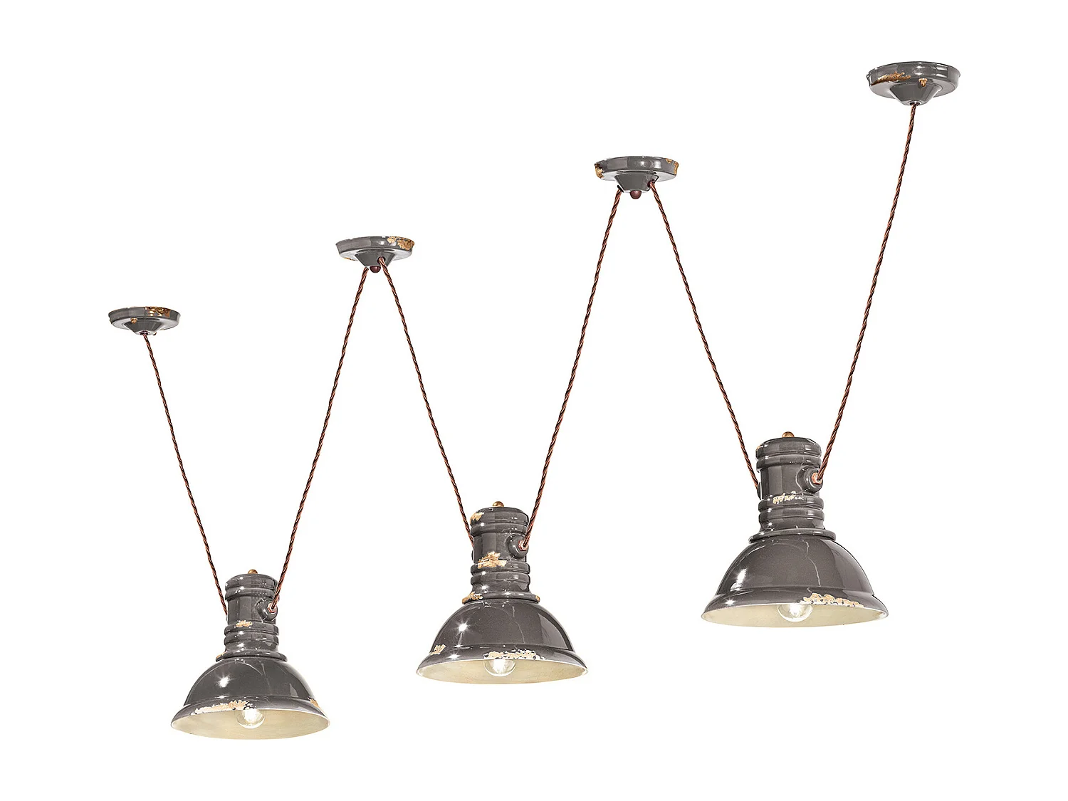 Lampadario Industrial Ferro E Ceramica Vintage Tortora 3 Luci E27