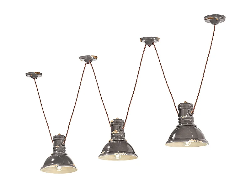 Lampadario Industrial Ferro E Ceramica Vintage Tortora 3 Luci E27