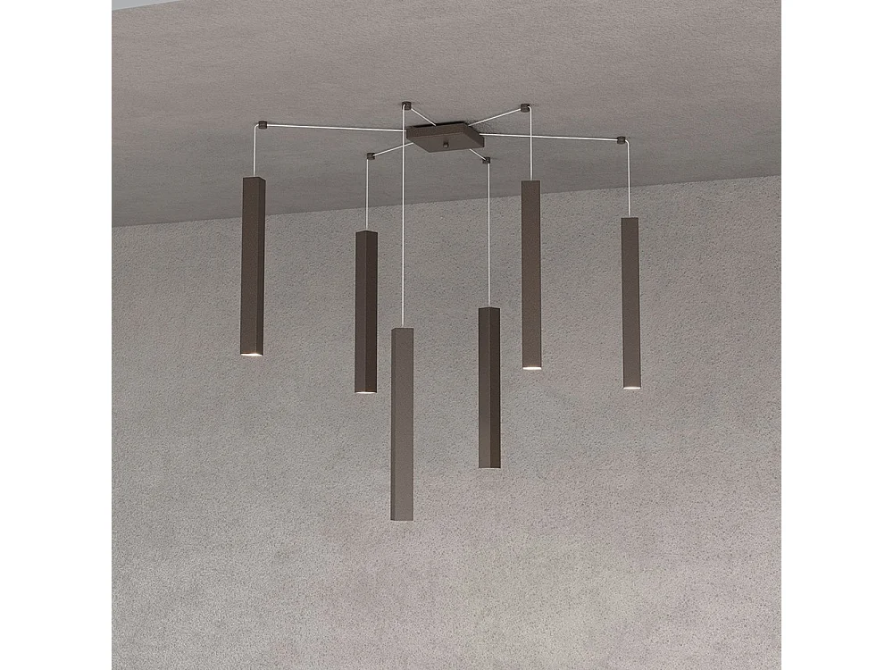 Square Tube Sospensione 6 Luci Marrone Cavo Cm.250 Con Base