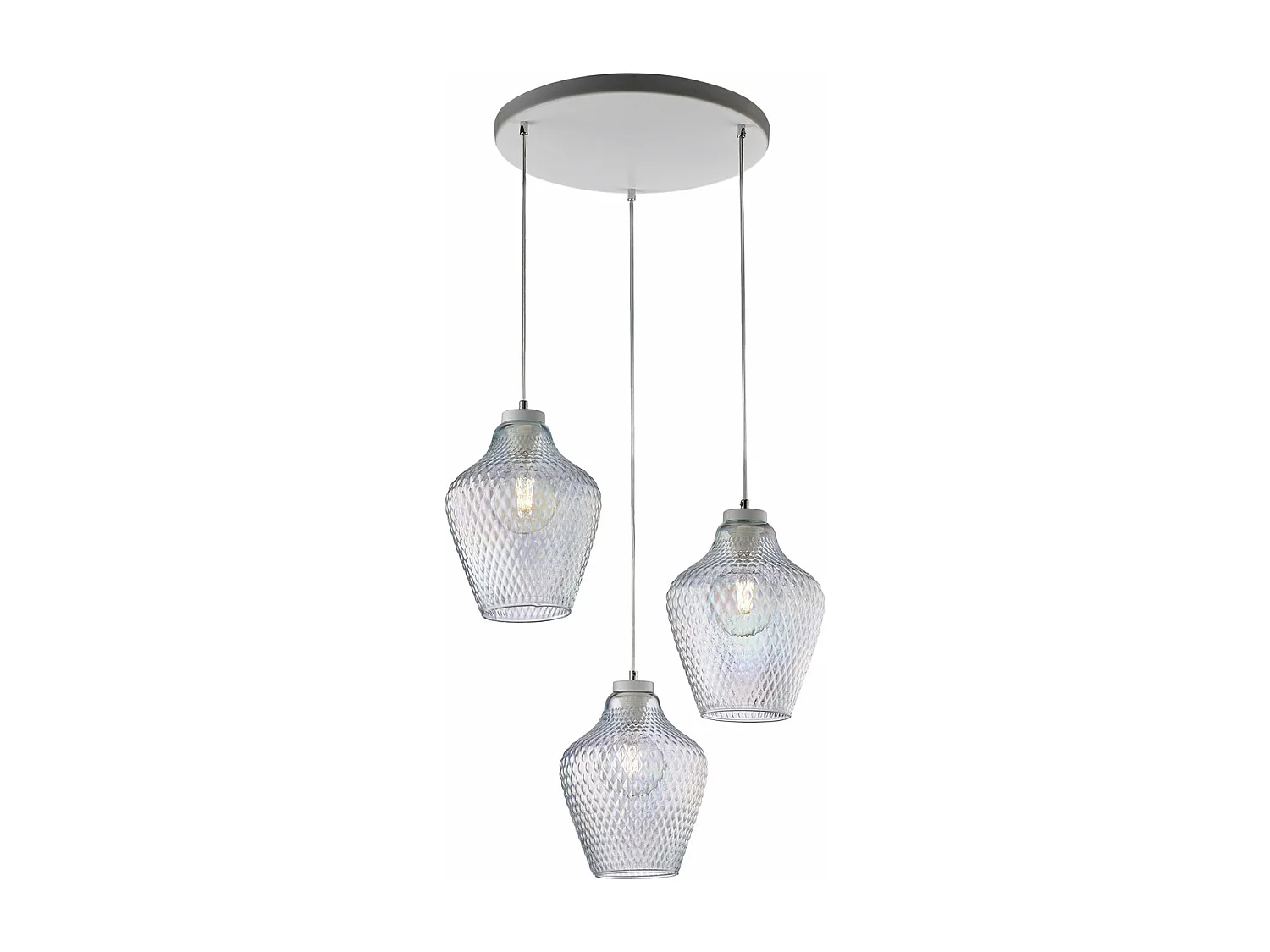 Suspension Maya fer blanc, câbles orientables, verre soufflé transparent à relief, 3 lumières, design moderne