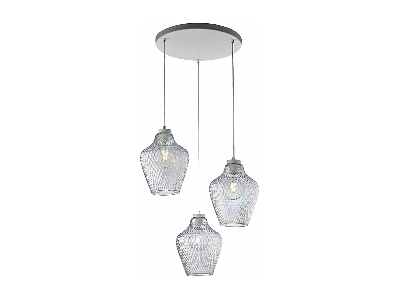 Suspension Maya fer blanc, câbles orientables, verre soufflé transparent à relief, 3 lumières, design moderne