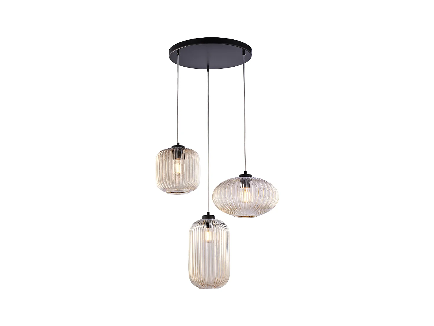 Lampe à suspension Glamour en fer laqué noir avec câbles électriques réglables et diffuseurs en verre soufflé ambré