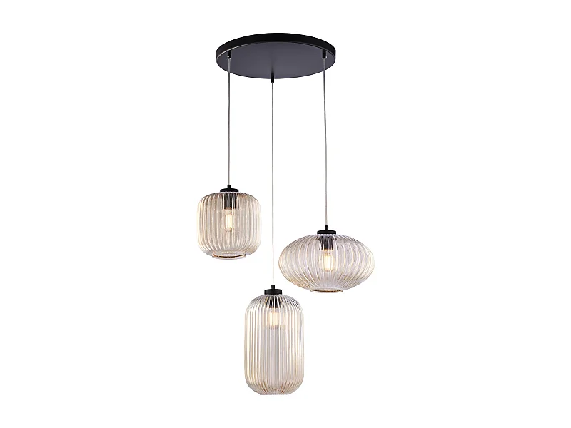Belight -  Glamour - Pendelleuchte schwarz, Glas amber mit Streifendekor, Ø55, 3-flammig - BL322-S3-AM