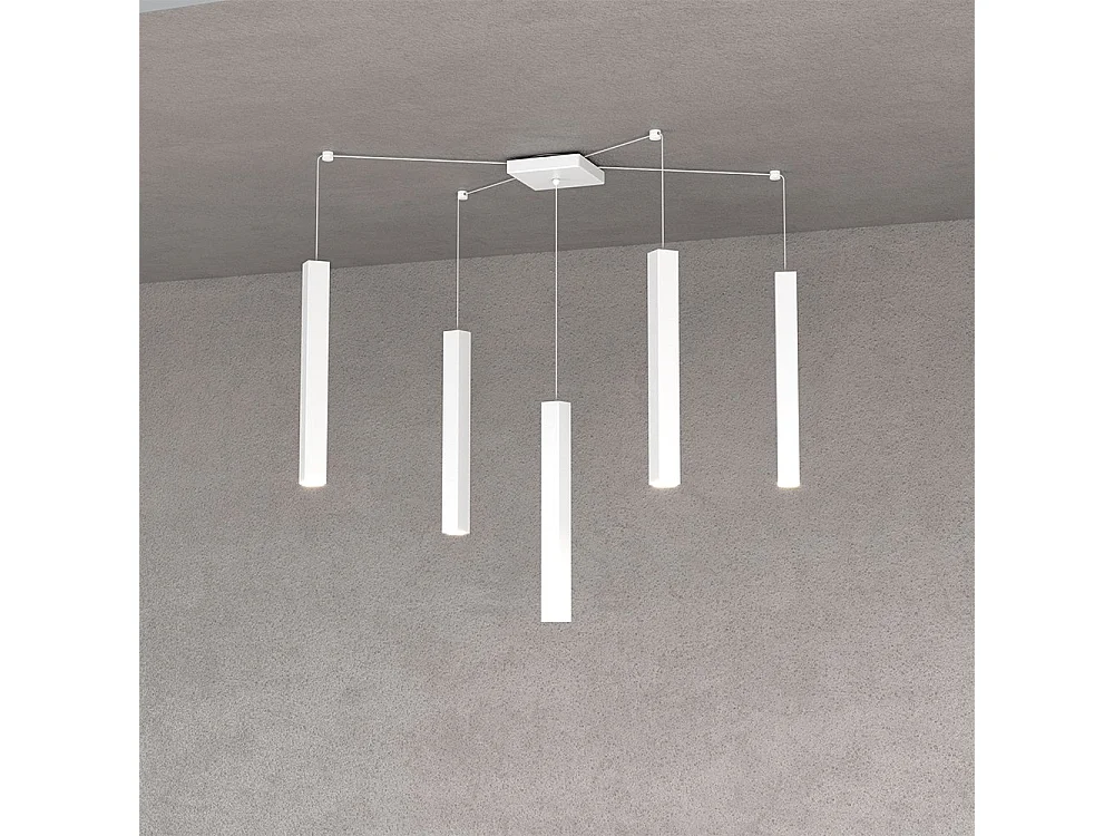 Square Tube Sospensione 5 Luci Bianco Cavo Cm.250 Con Base