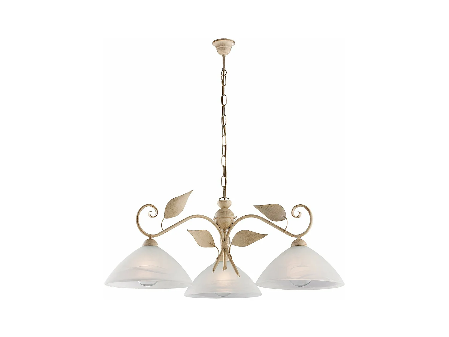 Lustre Esse fer ivoire, déco or antique, verre albâtre d.30, 3 lumières 96x79 cm, idéal pour espaces classiques