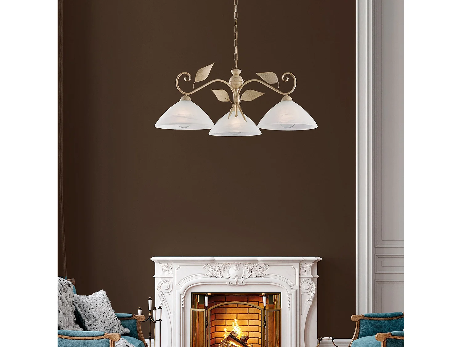 Lustre Esse fer ivoire, déco or antique, verre albâtre d.30, 3 lumières 96x79 cm, idéal pour espaces classiques