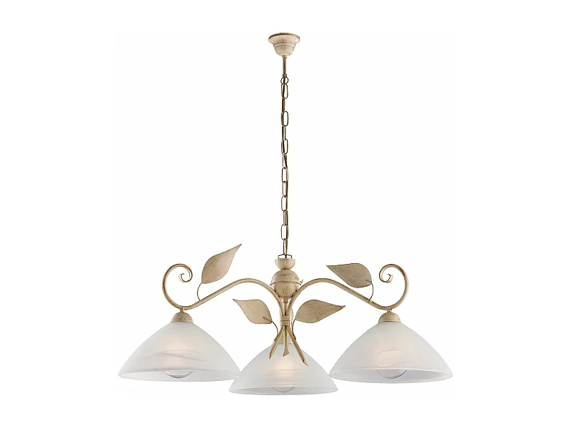 Lustre Esse fer ivoire, déco or antique, verre albâtre d.30, 3 lumières 96x79 cm, idéal pour espaces classiques