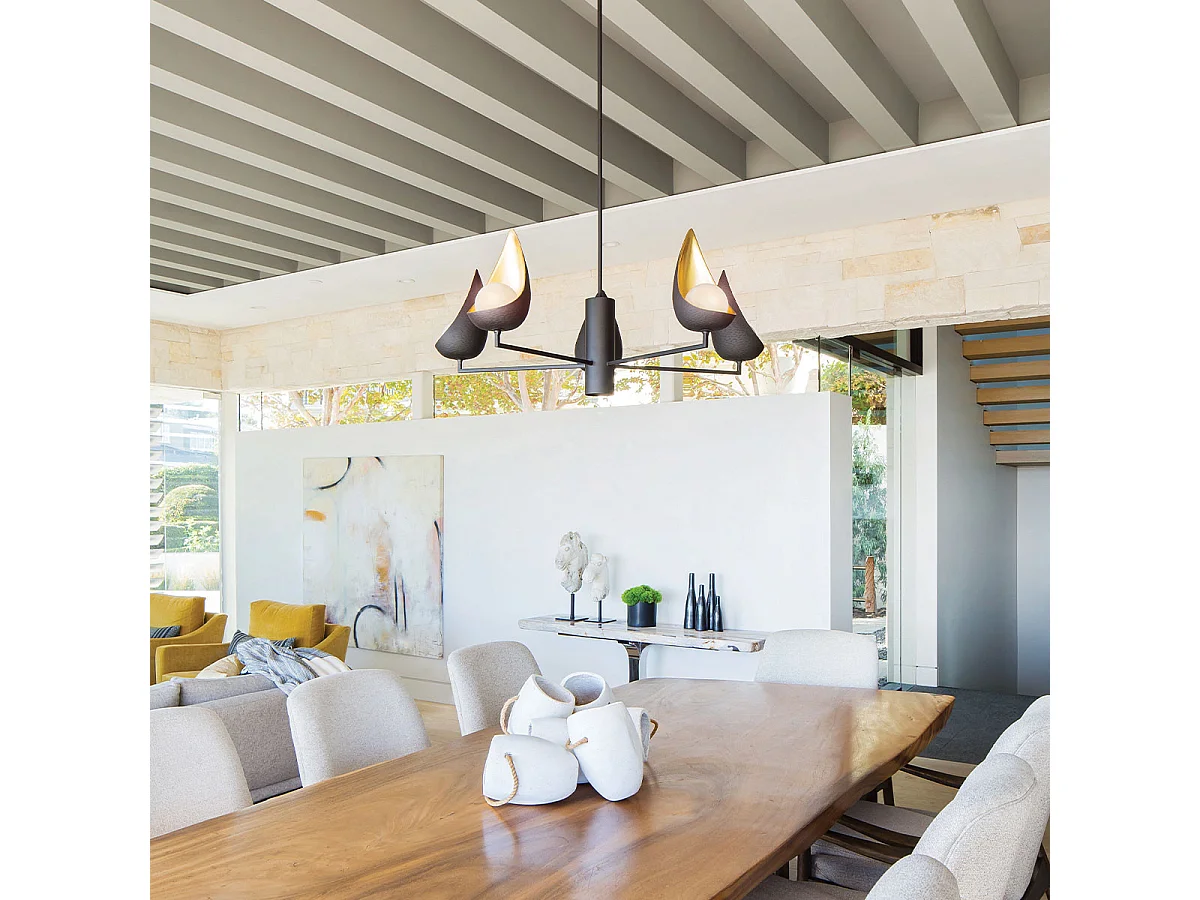 Lampadario Contemporaneo Ren Acciaio Nero Opaco Oro 5 Luci G9 3 Led