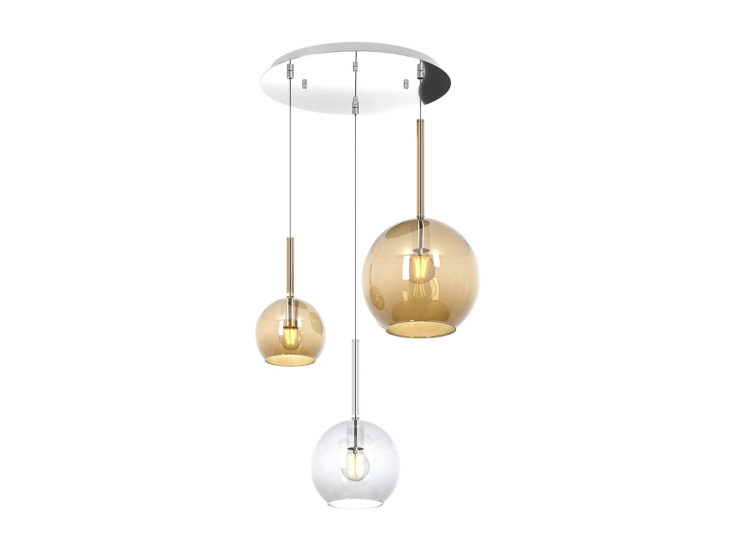 Sosp. Cromo Tonda 3 Luci Vetri 1 Grande Ambra+1 Medio Trasparente+1 Piccolo Ambra