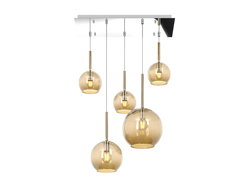 Sosp. Cromo Rettangolare 5 Luci Vetri (1 Grande+1 Medio+3 Piccolo) Tutti Ambra