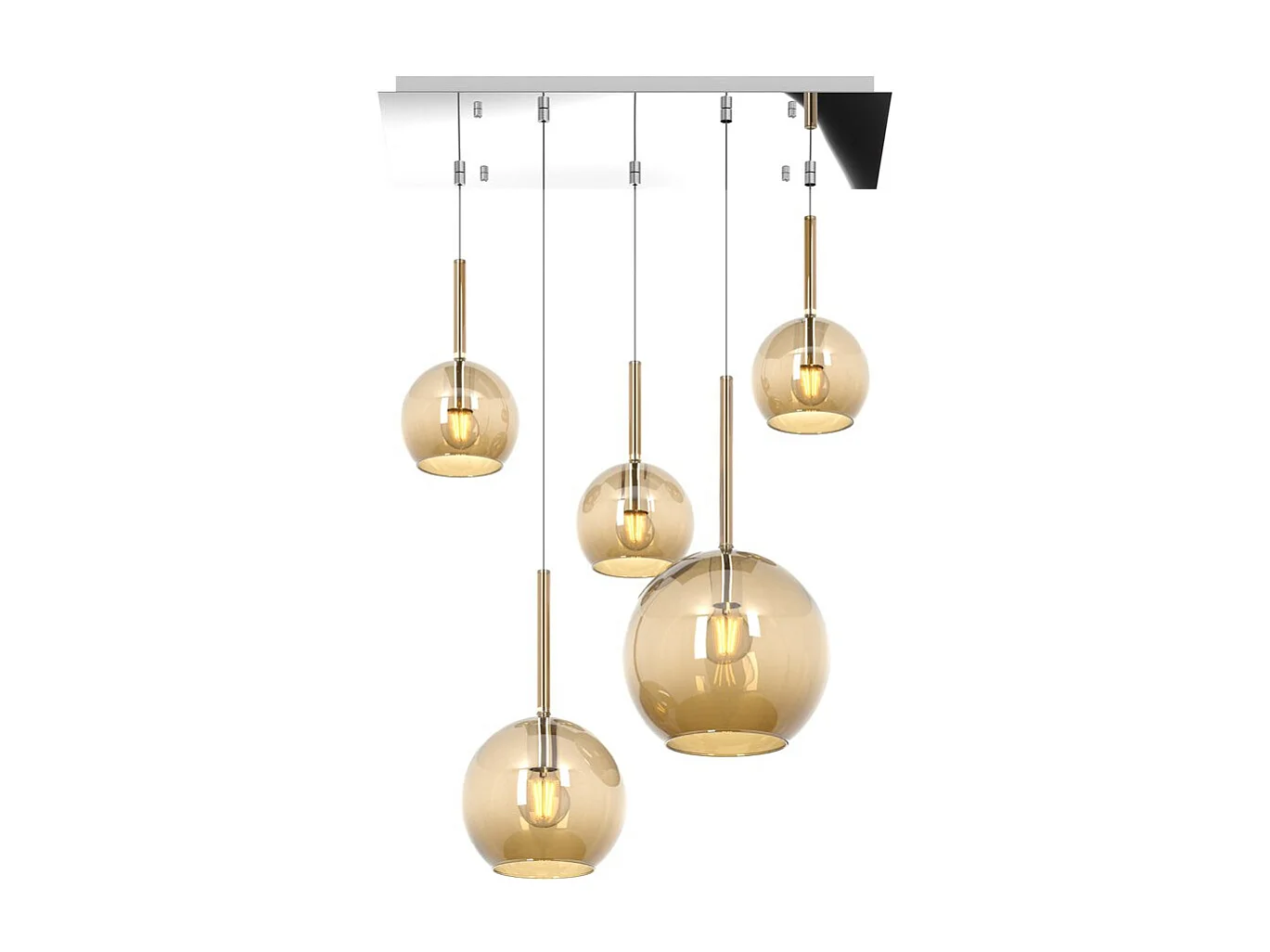 Sosp. Cromo Rettangolare 5 Luci Vetri (1 Grande+1 Medio+3 Piccolo) Tutti Ambra