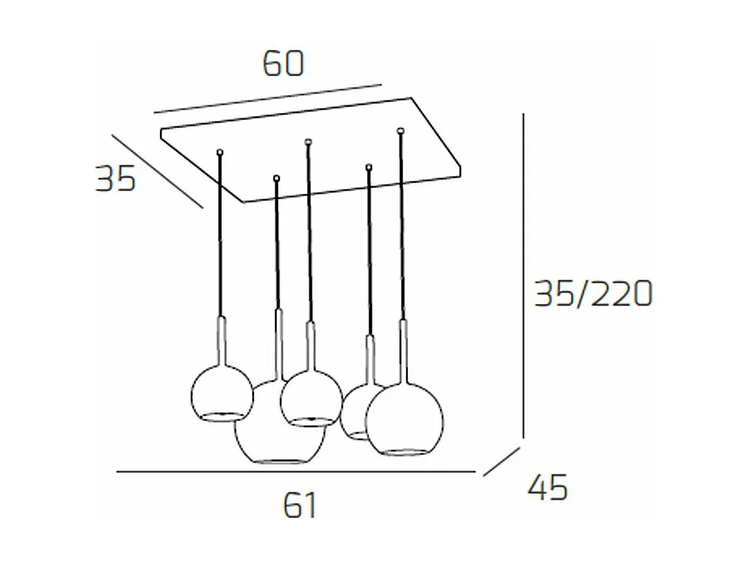 Sosp. Cromo Rettangolare 5 Luci Vetri (1 Grande+1 Medio+3 Piccolo) Tutti Ambra