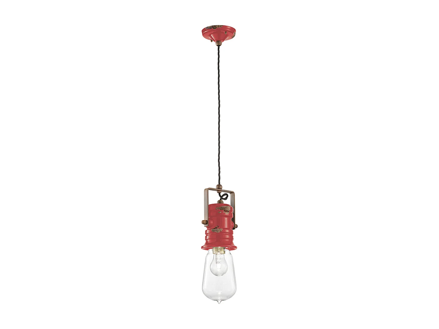 Lampadario Industrial Urban Ferro E Ceramica Vintage Rosso 1 Luce E27 37Cm