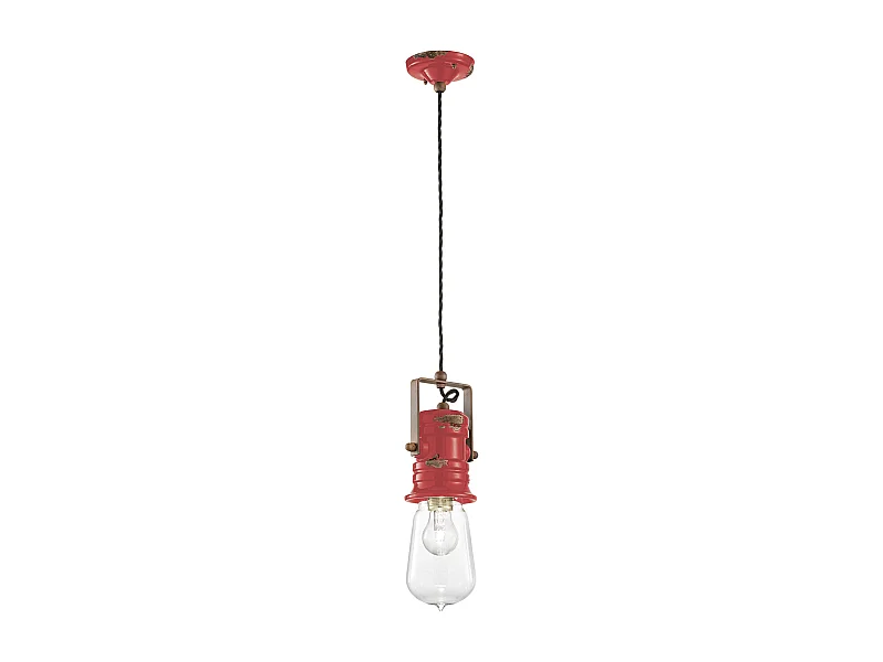 Lampadario Industrial Urban Ferro E Ceramica Vintage Rosso 1 Luce E27 37Cm