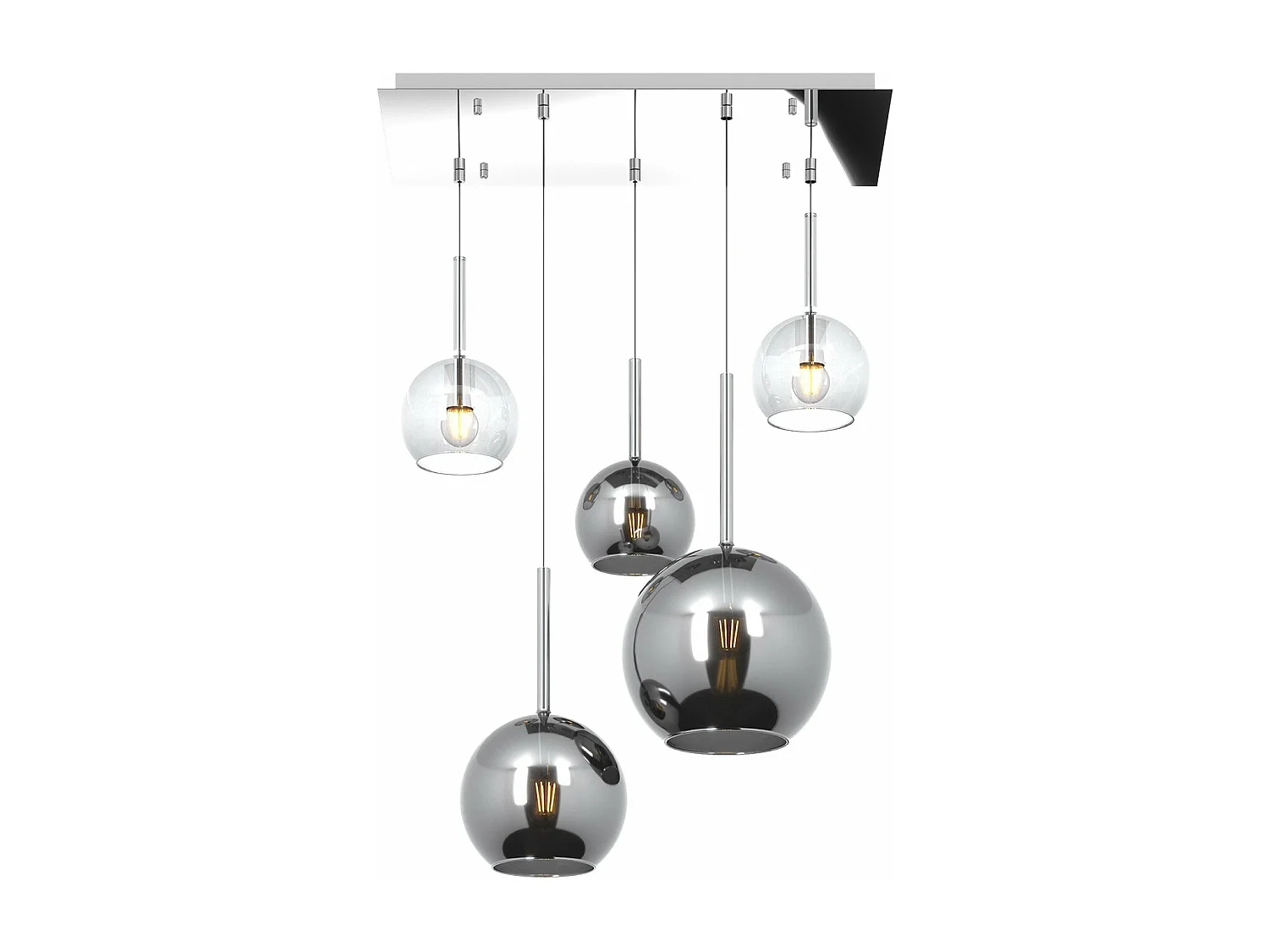 Sosp. Cromo Rettangolare 5 Luci Vetri (1 Grande Cr+1 Medio Cr+3 Piccolo (1X Cr+2X Tr))