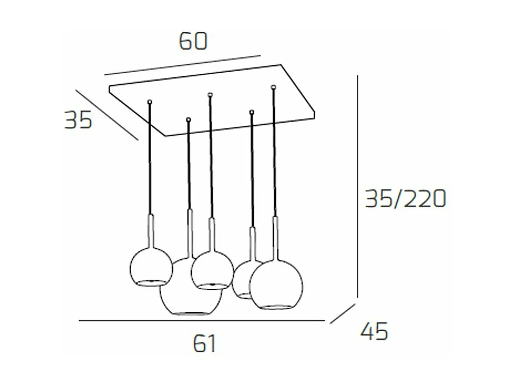 Sosp. Cromo Rettangolare 5 Luci Vetri (1 Grande Cr+1 Medio Cr+3 Piccolo (1X Cr+2X Tr))