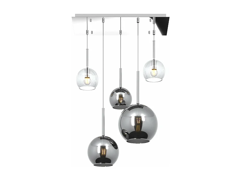 Sosp. Cromo Rettangolare 5 Luci Vetri (1 Grande Cr+1 Medio Cr+3 Piccolo (1X Cr+2X Tr))