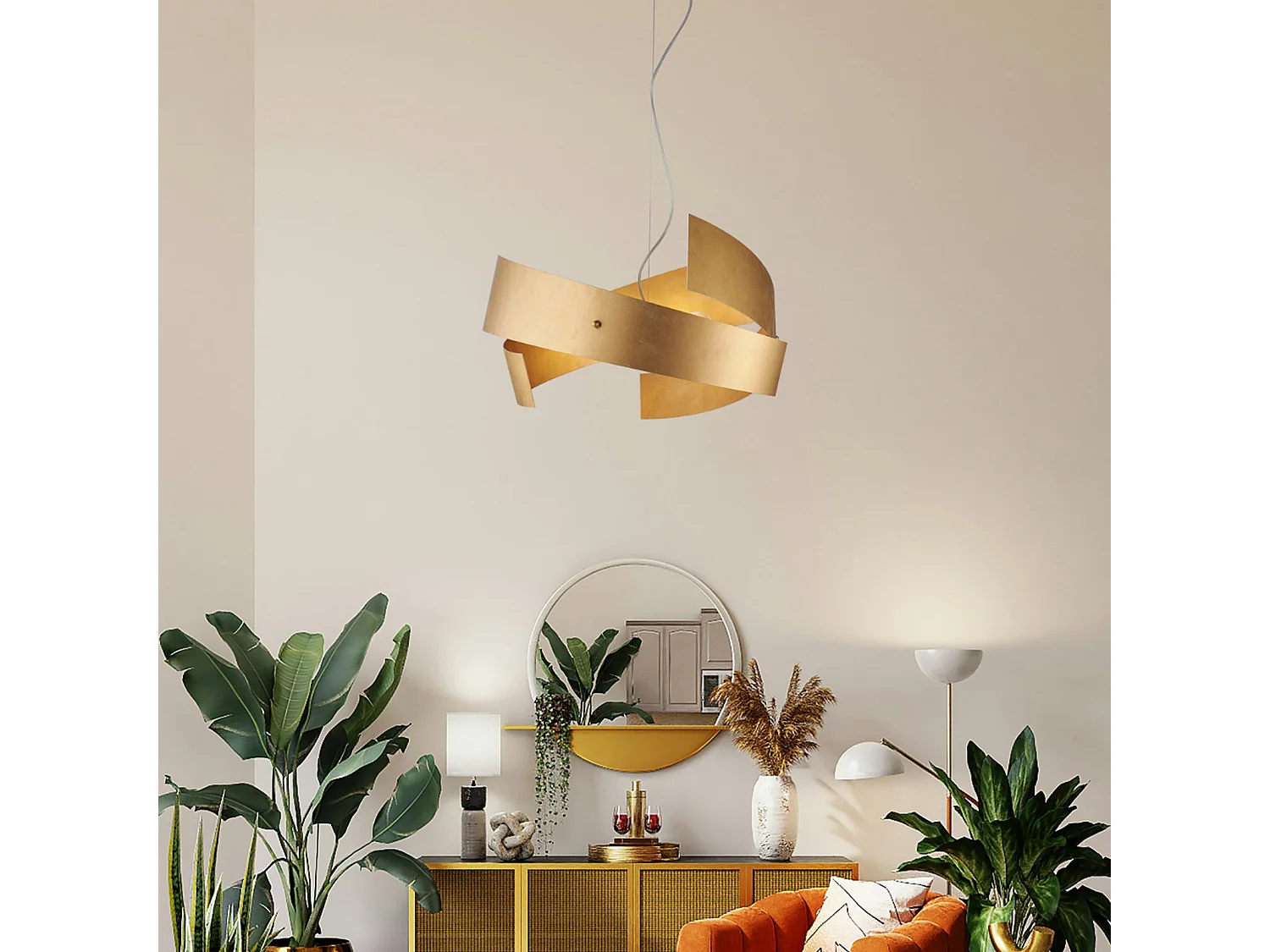 Suspension Elisa fer blanc, découpe laser, déco or antique, câble acier réglable, 3 lumières d.57 cm