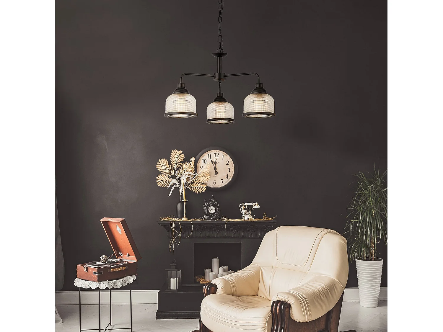 Lampadario Contemporaneo Highworth Acciaio Nero Vetro Trasparente 3 Luci E27