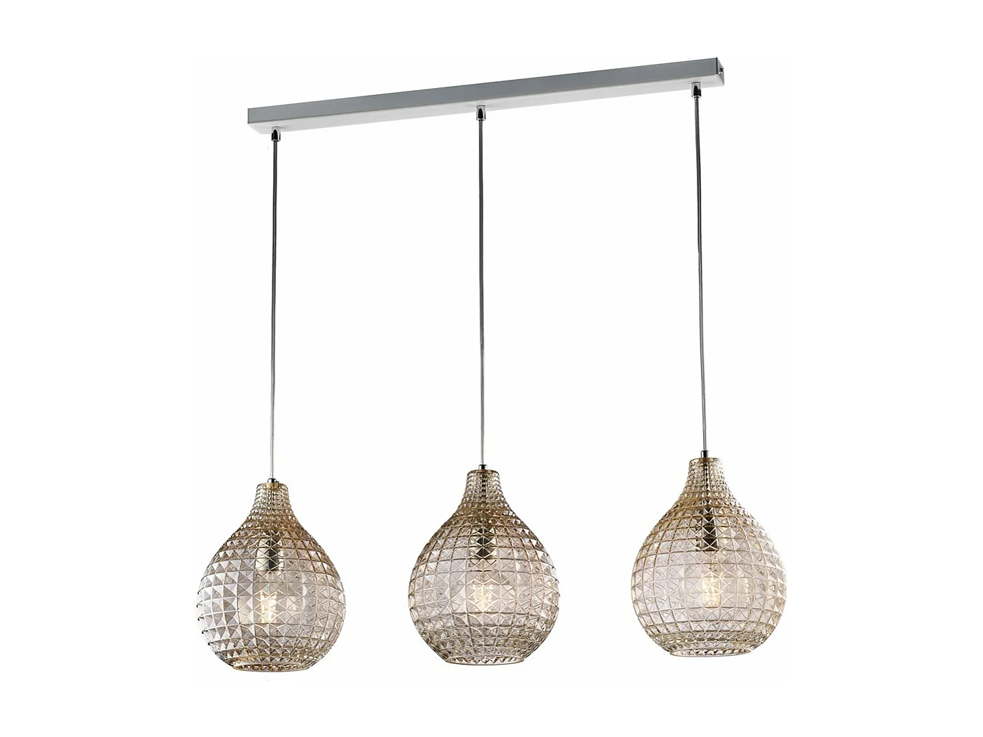 Diamante Calha em ferro branco e moldura cromada com cabos reguláveis ​​e difusores em vidro soprado âmbar com dec. 3 efeitos de cristal de luz