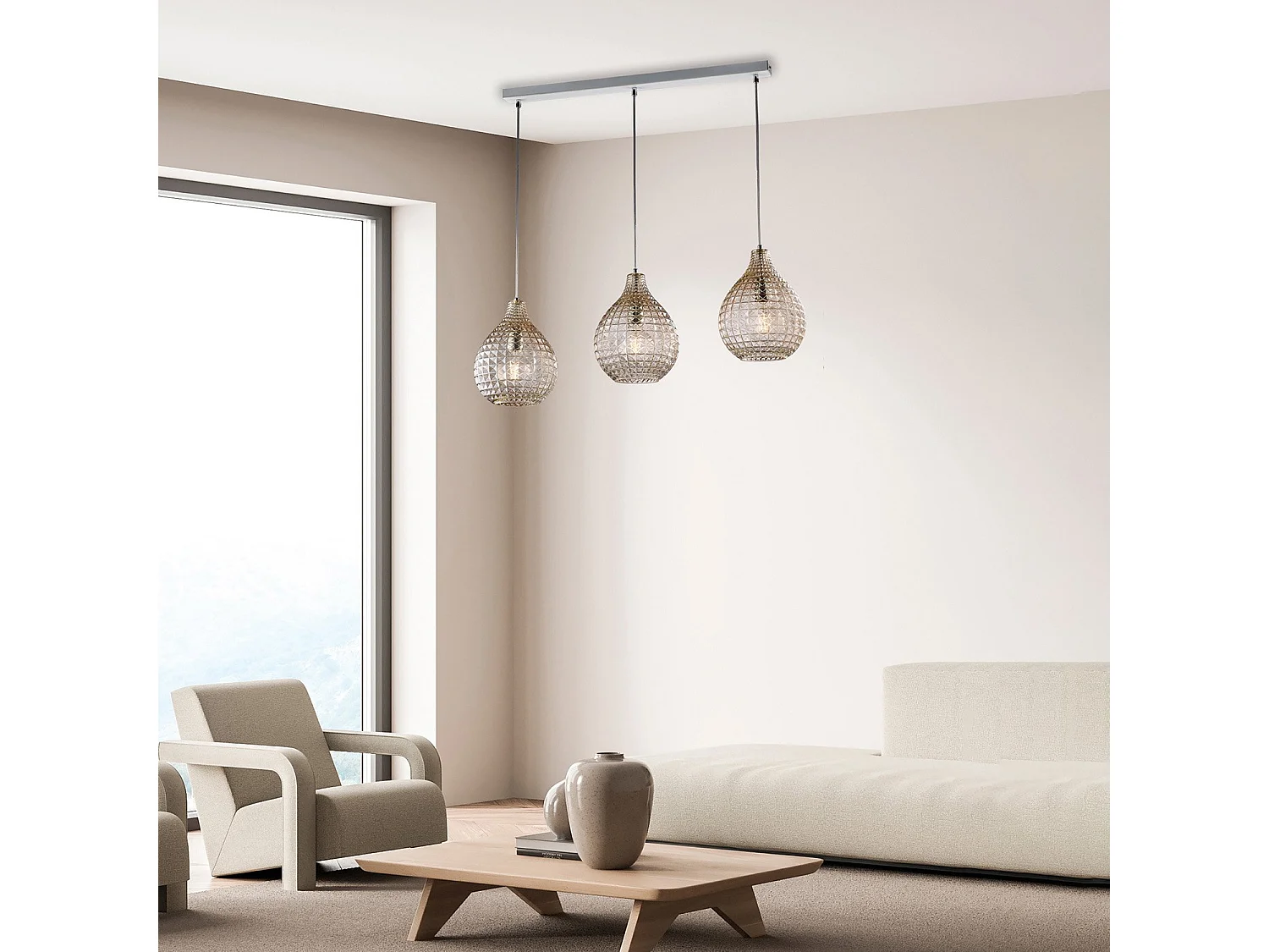 Diamante Calha em ferro branco e moldura cromada com cabos reguláveis ​​e difusores em vidro soprado âmbar com dec. 3 efeitos de cristal de luz