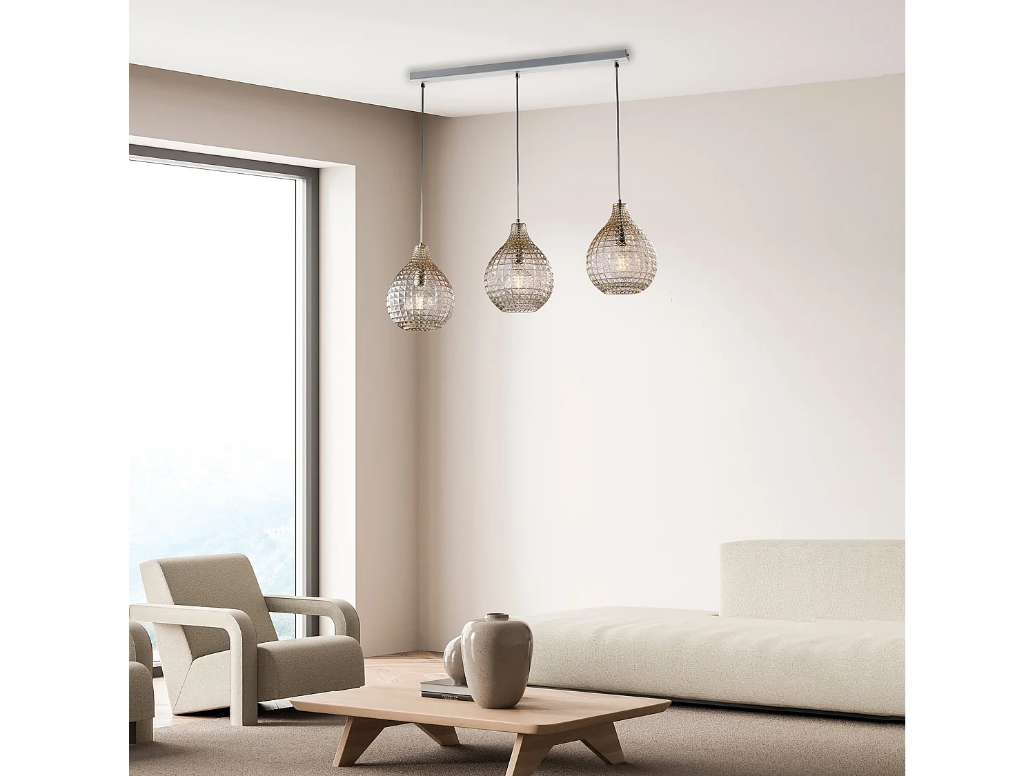 Diamante Calha em ferro branco e moldura cromada com cabos reguláveis ​​e difusores em vidro soprado âmbar com dec. 3 efeitos de cristal de luz