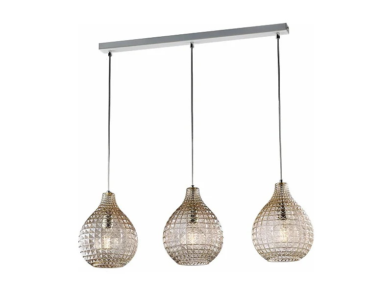 Rail Diamante blanc, cadre chromé, verre soufflé ambré effet cristal, câbles réglables, 3 lumières, style chic