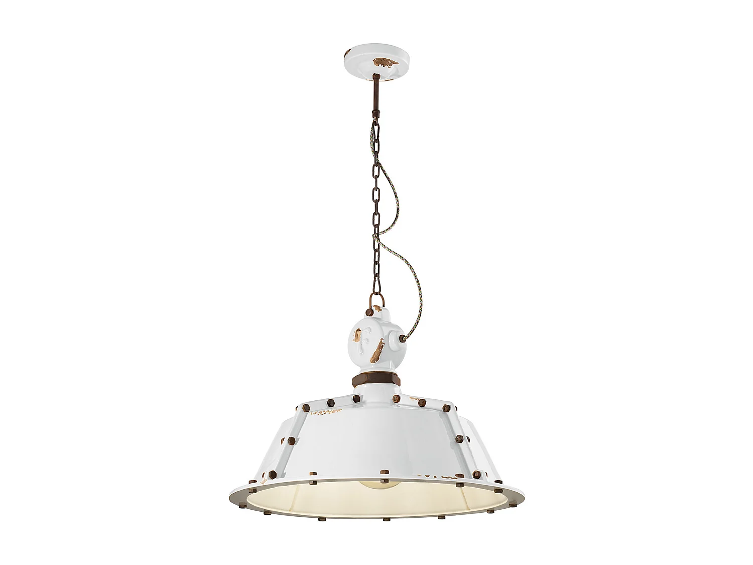 Lampadario Industrial Ferro E Ceramica Vintage Bianco 1 Luce E27 52Cm