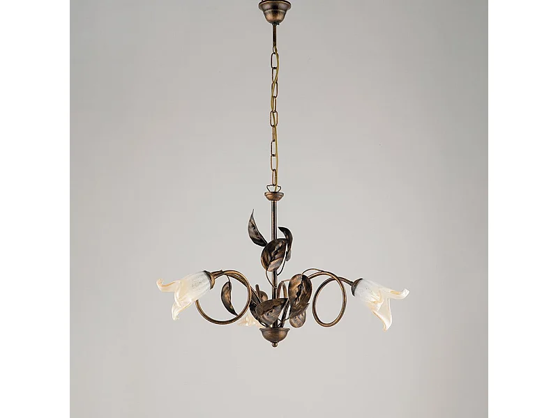 Lampadario Classico 3 Luci con Foglie Ferro Battuto e Vetro Bronzo Serie Limone