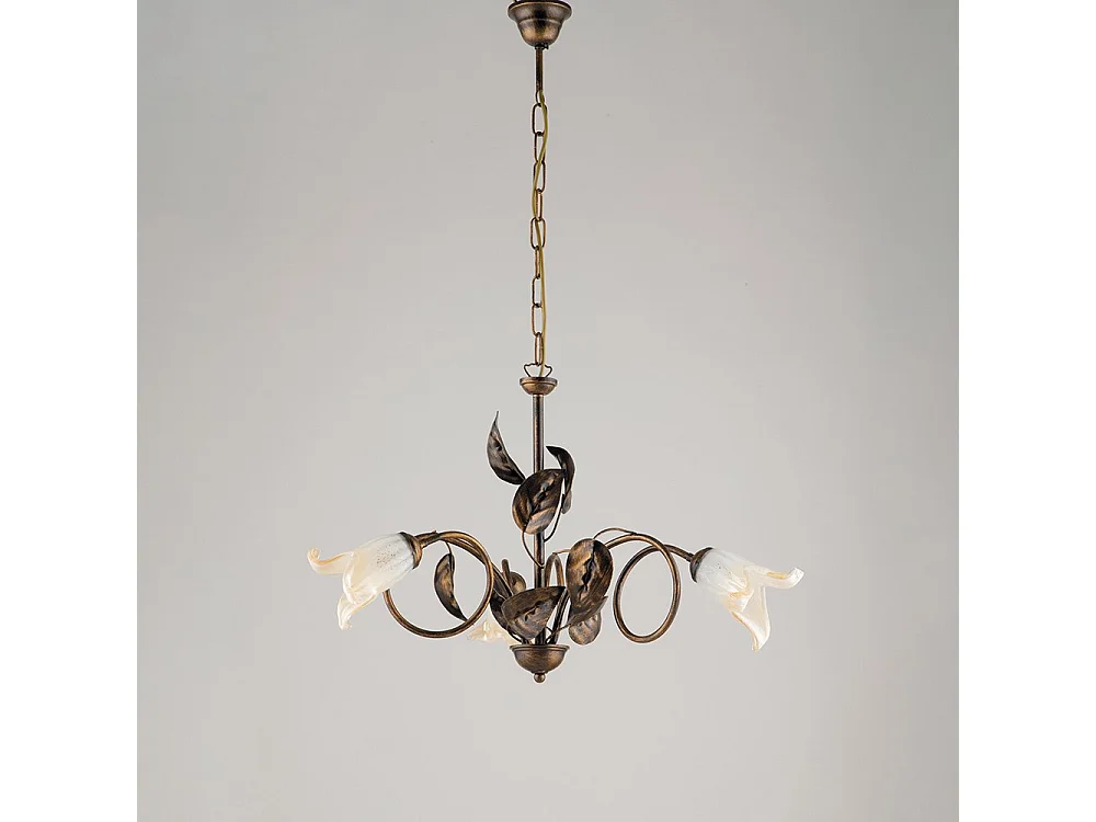 Lampadario Classico 3 Luci con Foglie Ferro Battuto e Vetro Bronzo Serie Limone