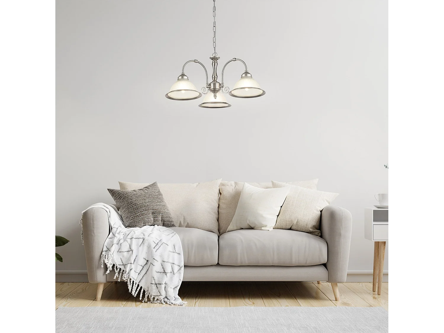 Searchlight American Diner Pendentif de plafond à bras multiples à 3 ampoules, argent satiné, verre nervuré acide, E27