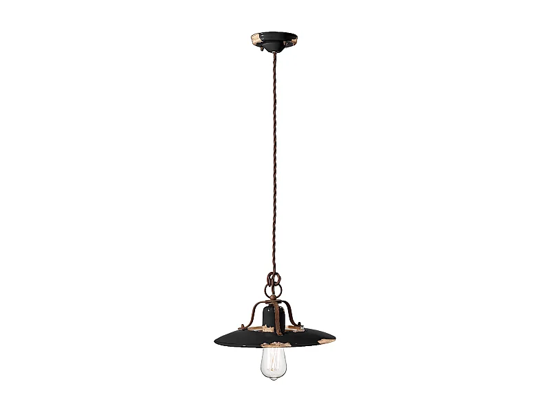 Lampadario Vintage Country Ferro E Ceramica Nero 1 Luce E27 30Cm