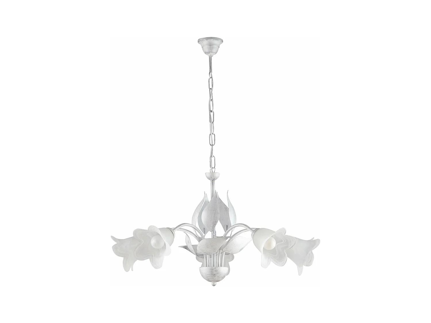 Lustre Olga fer blanc, déco argent antique, verre albâtre d.14, 5 lumières d.68 cm style lumineux traditionnel