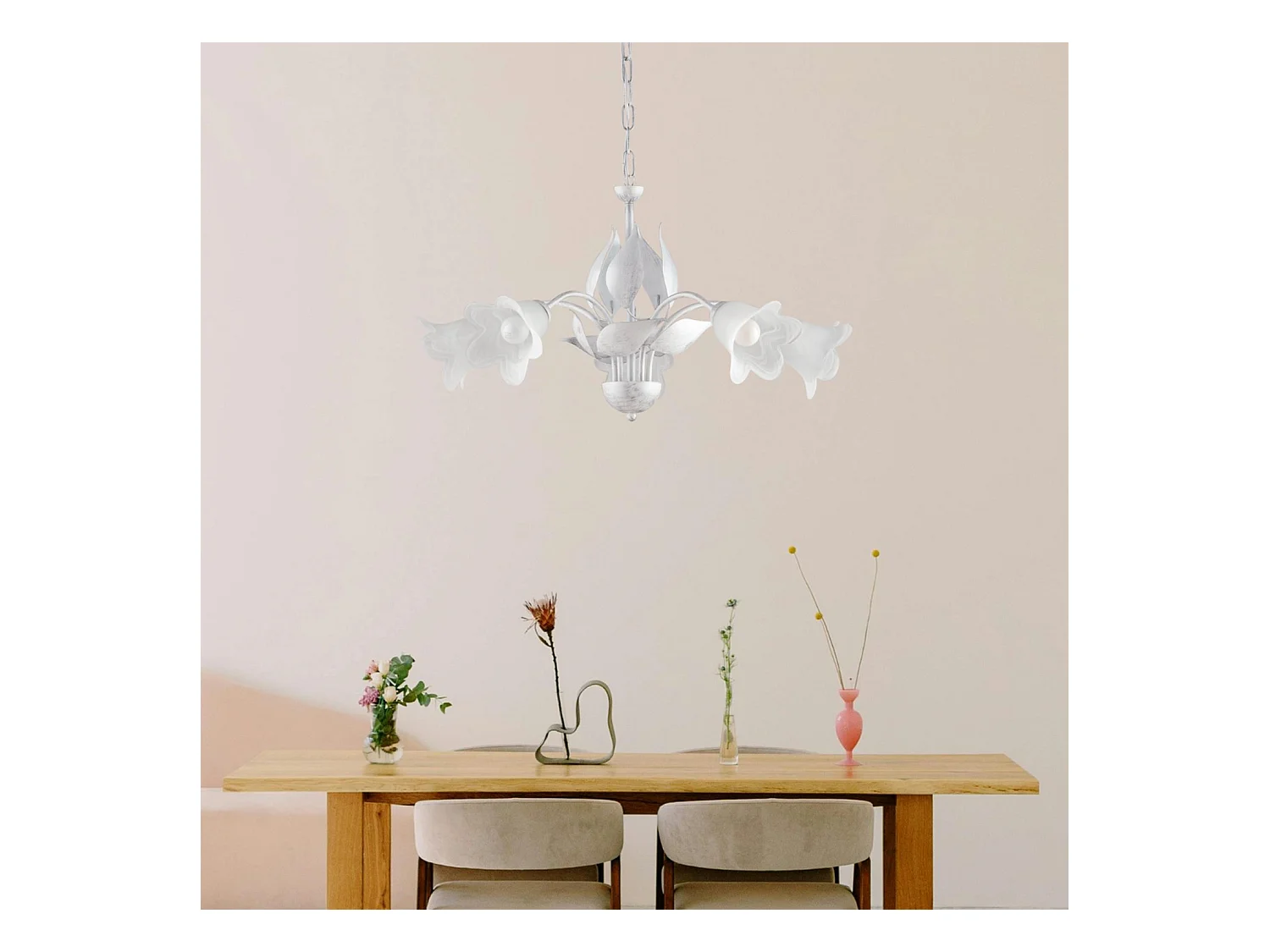 Lustre Olga fer blanc, déco argent antique, verre albâtre d.14, 5 lumières d.68 cm style lumineux traditionnel