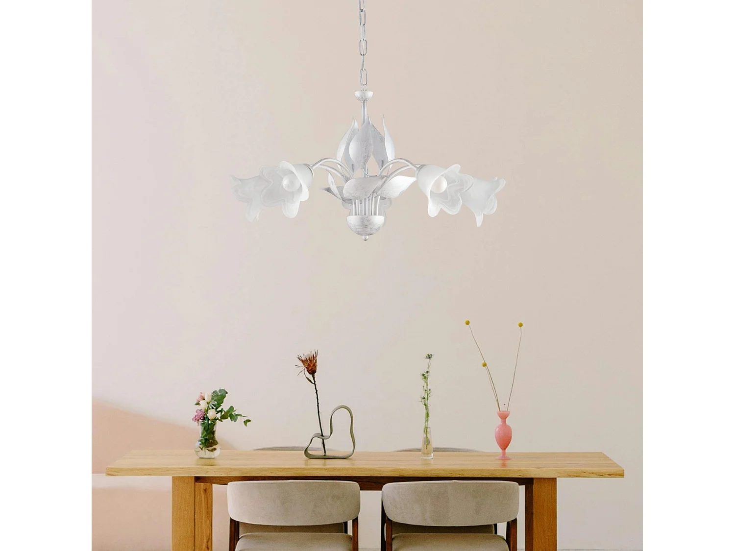 Lampadario 5 luci Olga Bianco Argento Ferro Battuto e Vetro BeLight