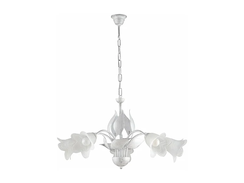 Lustre Olga fer blanc, déco argent antique, verre albâtre d.14, 5 lumières d.68 cm style lumineux traditionnel