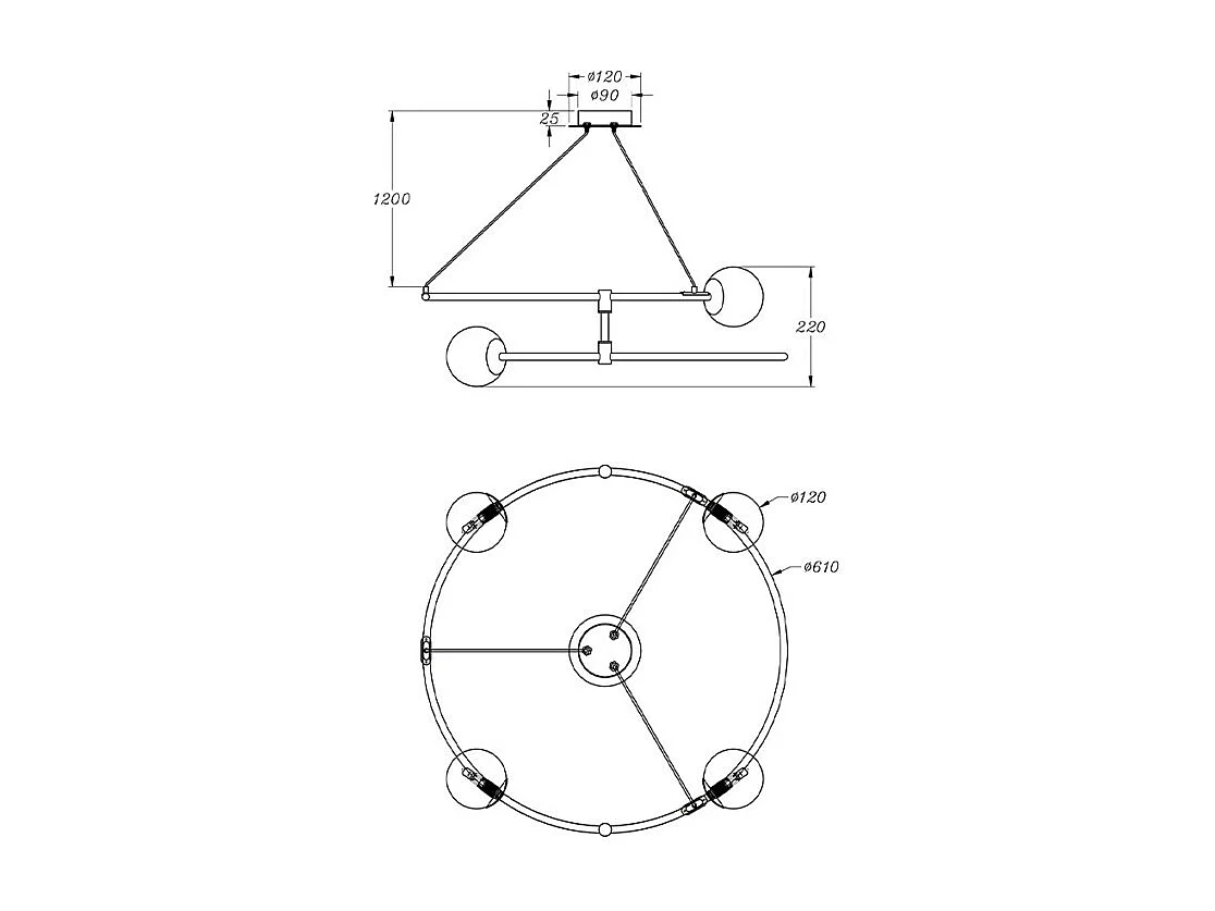 Lampadario Minimal Balance In Metallo Oro 4 Luci E Diffusori Sferici Bianchi