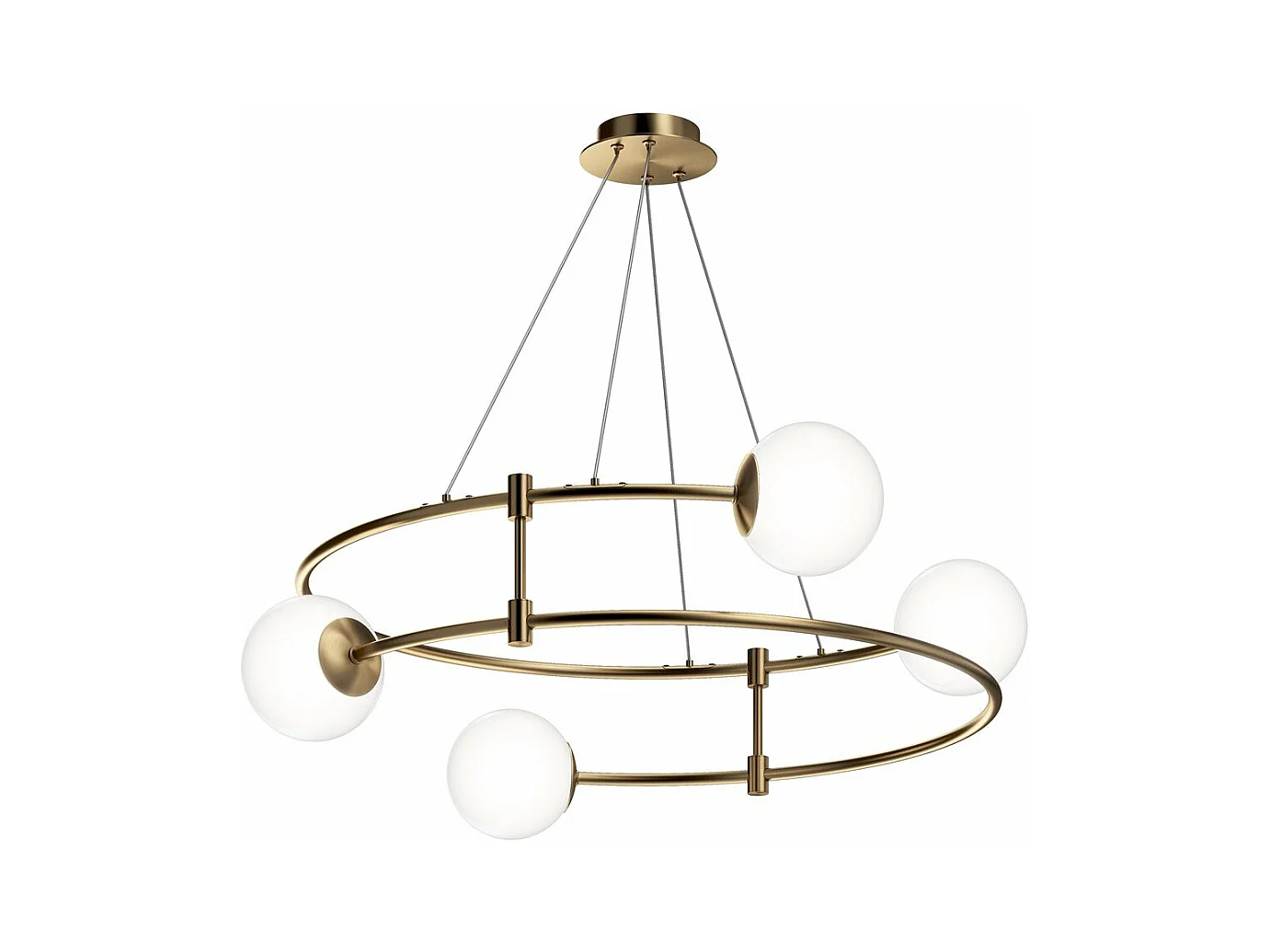 Lampadario Minimal Balance In Metallo Oro 4 Luci E Diffusori Sferici Bianchi