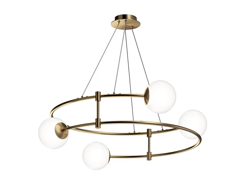 Lampadario Minimal Balance In Metallo Oro 4 Luci E Diffusori Sferici Bianchi